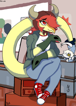 anthro bottomwear breasts clothing fake_horns female footwear hair hair_over_eye hand_puppet hat headgear headwear inside jacket long_tail one_eye_obstructed pants plantigrade puppet red_eyes red_hair scales shirt shoes sitting smile sneakers snout solo tail tan_body tan_scales topwear deuskcalb cavemanon_studios chuck_taylor_all_stars converse puppet_pals snoot_game judee schizo_chan_(snoot_game) compsognathid compsognathus dinosaur prehistoric_species reptile saurischian scalie theropod 2024 absurd_res colored hi_res shaded