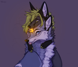 ambiguous_feral ambiguous_gender arms_around_neck black_body black_fur blep blue_body blue_eyes blue_fur canine_teeth claws digitigrade duo ear_piercing ear_stud eye_contact facial_markings fangs feral feral_with_hair front_view fur glowing glowing_object green_claws green_eyes green_hair green_pawpads grey_body grey_fur hair head_markings hug hugging_another hugging_from_behind looking_at_another looking_at_partner looking_away looking_down looking_down_at_another looking_down_at_partner looking_up looking_up_at_another looking_up_at_partner markings mouth_closed object_in_mouth on_hind_legs pawpads piercing pointy_ears prick_ears pupils quadruped simple_background sitting star_decoration teeth text tongue tongue_out whiskers white_body white_fur taka_(artist) a.o.kigahara taka_fox canid canine canis fox mammal true_fox wolf 2024 artist_name bust_portrait detailed digital_drawing_(artwork) digital_media_(artwork) hi_res portrait shaded signature