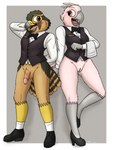 anthro balls bartender black_tie_(suit) bottomless bow_tie casual_exposure clothed clothing dress_shirt duo female flaccid footwear genitals high_heels humanoid_genitalia humanoid_penis male penis pussy shirt shoes suit topwear vest waiter fish_birb caleb_(fish_birb) jenny_(fish_birb) aplomado_falcon avian bird cockatoo falcon falconid major_mitchell's_cockatoo parrot absurd_res hi_res