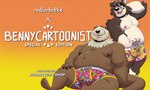 2024 advertisement anthro belly bennycartoonist big_belly black_body black_nose brown_body canid canine canis clothing domestic_dog duo english_text eyewear glasses hi_res male mammal moobs mustelid nipples otter overweight overweight_male rudderbutts sitting text underwear white_body