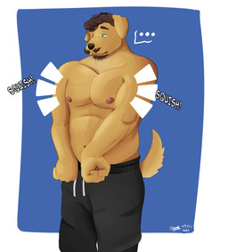 anthro beard bottomwear brown_body brown_fur clothed clothing embarrassed facial_hair fur hair male musclegut muscular muscular_male mustache nipples pants pec_squish pecs simple_background slightly_chubby slightly_chubby_male solo squish stocky sweatpants text emyr_minotaur emyr bird_dog canid canine canis domestic_dog golden_retriever hunting_dog mammal retriever digital_media_(artwork) hi_res shaded