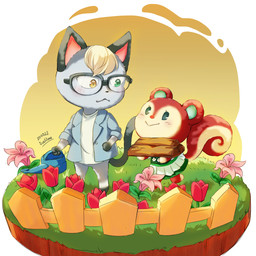 alternative_fashion big_tail blonde_hair blush clothing country_lolita duo eyewear female fence flower glasses green_eyes grey_body hair heterochromia holding_object j-fashion log lolita_(fashion) male plant red_body semi-anthro tail watering_can wood yellow_eyes soznau animal_crossing nintendo poppy_(animal_crossing) raymond_(animal_crossing) domestic_cat felid feline felis mammal rodent sciurid tree_squirrel 1:1 2020 hi_res