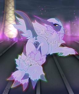 1_horn animal_genitalia animal_vulva anus arm_tuft back_tuft black_body black_claws black_tail black_vulva canine_genitalia canine_vulva claws detailed_background eyelashes fangs female female_feral feral fluffy fur fur_tuft genitals glowing horn leg_tuft long_eyelashes looking_at_viewer looking_back lumiose_city lying narrowed_eyes night on_front one_eye_obstructed outside paws pose quadruped raised_tail rear_view red_eyes sharp_tail solo tail teeth tuft vulva white_body white_fur barndog nintendo pokemon generation_6_pokemon mega_absol mega_evolution pokemon_(species) 2026 digital_drawing_(artwork) digital_media_(artwork) hi_res pinup shaded soft_shading