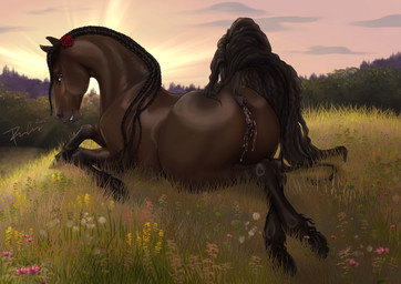animal_genitalia animal_vulva anus black_mane black_tail bodily_fluids braided_mane brown_body brown_eyes brown_fur equine_anus equine_genitalia equine_vulva female female_feral feral flower fur genital_fluids genitals grass looking_at_viewer mane narrowed_eyes outside plant presenting presenting_anus presenting_vulva puffy_anus raised_tail shrub sky solo tail vaginal_fluids vulva rufciu equid equine horse mammal 2025 dated hi_res signature