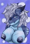 anthro big_breasts blue_body blue_eyes breasts dark_nipples female hair horn nipple_piercing nipples piercing sassy smile solo white_hair hydraoka mythology nira_(unrealcereal) dragon mythological_creature mythological_scalie reptile scalie absurd_res hi_res