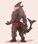 anthro biceps big_muscles biped butt clothed clothing fin fin_piercing flexing footwear furgonomics furry-specific_piercing looking_at_viewer looking_back male muscular muscular_anthro muscular_male pecs piercing plantigrade pose sandals shoes simple_background solo speedo standing swimwear tattoo topless white_background vetrowolf fish marine shark absurd_res hi_res