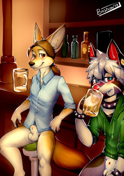 alcohol animal_genitalia anthro balls beer beverage blush bottomless brown_body brown_eyes brown_fur clothed clothing collar cute_fangs drunk duo fangs femboy fully_sheathed fur genitals hoodie male male/male public red_nose sheath substance_intoxication teeth topwear raineshadowpaw bastion_(bastion) canid canine canis domestic_dog fennec_fox fox mammal true_fox absurd_res hi_res