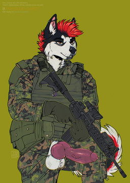 anthro army army_clothing army_outfit army_uniform balls big_balls big_muscles big_penis black_body black_fur bottomwear brown_eyes bulletproof_vest camo camo_bottomwear camo_clothing camo_pants camo_print camo_shirt camo_topwear camo_vest chin_piercing clothed clothing duo ear_piercing erection erection_through_clothing fur genitals gloves green_background green_bottomwear green_clothing green_gloves green_handwear green_pants green_shirt green_topwear green_vest grin gun hair handwear holding_gun holding_object holding_ranged_weapon holding_rifle holding_shotgun holding_weapon knot knotted_penis male male/male manly military military_clothing military_gear military_pants military_uniform military_vest mohawk multicolored_body multicolored_fur muscular muscular_anthro muscular_arms muscular_male muscular_thighs open_bottomwear open_clothing open_pants pants pattern_bottomwear pattern_clothing pattern_pants pattern_shirt pattern_topwear pattern_vest penis penis_poking_out penis_through_clothing penis_through_fly piercing pose presenting presenting_penis ranged_weapon red_body red_fur red_hair red_mohawk red_penis rifle shirt shotgun shoulder_pads simple_background smile soldier standing tactical tactical_belt tactical_gear tactical_gloves tactical_load_carring_vest tactical_pants thick_arms thick_thighs topwear uniform unzipped unzipped_clothing unzipped_pants vest warrior weapon white_body white_fur zipper jeanwoof canid canine canis domestic_dog husky mammal nordic_sled_dog spitz hi_res