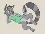 anthro biped book bottomless breasts clothed clothing female fur genitals green_eyes grey_body grey_fur lying on_back pink_nose pussy reading shirt solo spread_legs spreading topwear tuft tahla brunn_(character) mammal