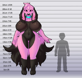 anthro big_breasts black_body black_fur breasts chart collar digitigrade featureless_breasts featureless_crotch female floppy_ears fox_tail fur height_chart height_comparison huge_breasts huge_hips huge_thighs larger_female leg_markings looking_at_viewer markings multi_tail nude nude_anthro pink_body pink_eyes pink_fur pink_sclera size_difference socks_(marking) solo tail thick_thighs wide_hips kurotodraw maen lagomorph leporid mammal rabbit absurd_res hi_res