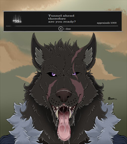 anthro bodily_fluids dialogue drooling eye_scar facial_scar fangs front_view fur looking_at_viewer male mouth_shot open_mouth saliva saliva_on_tongue saliva_string scar solo teeth text text_box tongue tongue_out uvula marcushunter elden_ring fromsoftware blaidd_(elden_ring) canid canine canis mammal wolf 2022 english_text headshot_portrait portrait signature