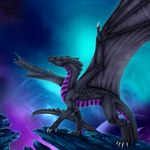 ambiguous_gender black_body black_scales digitigrade feral flying glowing membrane_(anatomy) membranous_wings planet purple_body purple_scales quadruped rock scales sky solo space star starry_sky tail wings selianth mythology kor-zulega dragon mythological_creature mythological_scalie scalie 1:1 hi_res