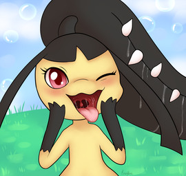 ambiguous_gender anthro black_body blush bodily_fluids bubble cloud day drooling gloves_(marking) grass hand_on_own_cheek looking_at_viewer markings mouth_shot one_eye_closed open_mouth open_smile outside pink_eyes plant saliva saliva_string sky smile solo teeth text tongue tongue_out uvula wink winking_at_viewer yellow_body rainypaws nintendo pokemon generation_3_pokemon mawile pokemon_(species) artist_name hi_res