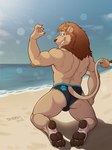 anthro back_muscles beach butt claws clothing grin hindpaw kneeling looking_at_viewer looking_back looking_back_at_viewer male mane muscular pawpads paws pose rear_view seaside smile solo swimwear toe_claws jeykey95 leolex felid lion mammal pantherine hi_res