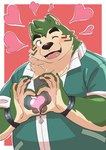 absurd_res anthro blush canid canine canis domestic_dog eyebrows fur gesture green_body green_fur hand_heart heart_symbol hi_res lifewonders live_a_hero male mammal mokdai one_eye_closed overweight pawpads penguin0700 smile solo thick_eyebrows wink wristband