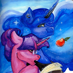 apple armor bangs blue_body blue_eyes blue_fur blue_horn blue_mane blue_sky crown duo ear_piercing eating eating_fruit eyebrow_through_hair eyebrows eyelashes eyewear female feral food fruit fur glasses hair hair_bun headgear horn larger_female larger_feral light long_mane looking_at_another magic magic_user mane mouth_closed open_mouth paper peytral piercing pink_body pink_eyes pink_fur plant princess purple_mane royalty side_view size_difference sky smaller_female smaller_feral tiara translucent translucent_hair unicorn_horn rayrage friendship_is_magic hasbro my_little_pony mythology princess_luna_(mlp) twilight_sparkle_(mlp) equid equine mammal mythological_creature mythological_equine unicorn 2025 absurd_res colored english_description hi_res lighting painting_(artwork) shaded traditional_media_(artwork) traditional_painting_(artwork) traditional_watercolor_(artwork) watercolor_(artwork)