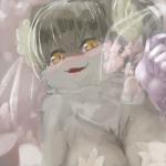 anthro big_breasts blush breasts chest_tuft female flower fur grey_body grey_fur grey_hair hair kemono lips looking_at_viewer plant solo tuft square_asterism muramasa:_princess_commander silicon_studio asahina_yasuyoshi mammal procyonid raccoon 1:1