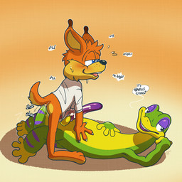 3_toes 4_fingers 4_toes anal anal_penetration anthro balls bodily_fluids bottomless bottomless_anthro bottomless_male clothed clothing cowgirl_position cum cum_in_clothing cum_through_clothing cum_while_penetrated cumshot dialogue duo ejaculation erection feet fingers from_front_position frottage fur genital_fluids genitals green_body hands-free lidded_eyes long_penis male male/male nude nude_anthro nude_male on_bottom on_top orange_body orange_fur penetration penile penis penis_size_difference penises_touching pink_penis purple_penis sex shirt shirt_only smug sweat tail tail_fetish tail_in_ass tail_insertion tail_play tail_sex text toes topwear topwear_only wet wet_clothing yellow_balls argon_vile bubsy_(series) gex_(series) bubsy_bobcat gex_the_gecko bobcat felid feline gecko lizard lynx mammal reptile scalie 1:1 english_text hi_res