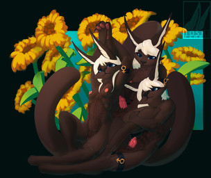animal_genitalia animal_penis anthro areola arms_above_head balls blue_eyes breasts brown_body brown_fur female female_symbol flower fur gender_symbol genitals group gynomorph hair intersex intersex_symbol male male_symbol nipples nude penile_spines penis pink_nipples plant raised_arms simple_background small_breasts smile solo sunflower symbol tail trio vulva white_hair ferrn toshi_(ferrn) felid feline mammal pantherine absurd_res digital_media_(artwork) hi_res