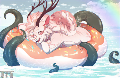 ambiguous_gender ambiguous_penetration antlers bodily_fluids day female feral fur hair horn inflatable jewelry looking_at_viewer mane markings open_mouth penetration pink_body pink_fur pink_hair pink_mane pool_float rainbow saliva saliva_string sea sex sky solo tail tentacle_sex tentacles water white_body shyryp mythology dragon eastern_dragon mythological_creature mythological_scalie scalie absurd_res digital_media_(artwork) hi_res shaded