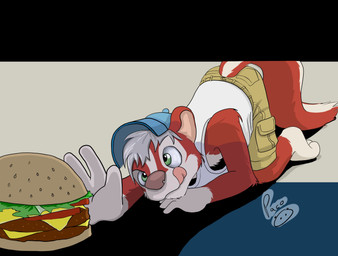 anthro blue_clothing blue_hat blue_headwear bottomwear burger clothed clothing food fur glistening glistening_eyes hat headgear headwear licking licking_lips licking_own_lips male male_anthro mouth_closed pink_tongue red_body red_fur shorts simple_background solo tan_bottomwear tan_clothing tan_shorts tongue tongue_out topwear white_body white_clothing white_fur white_topwear young young_anthro young_male pandapaco travis_cooncub mammal mephitid skunk absurd_res hi_res