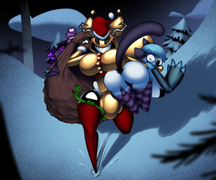 4_fingers anthro bell big_breasts big_butt biped blue_hair box bra breasts brown_sack bulge butt buttplug buttplug_tail christmas_clothing christmas_decorations christmas_headwear christmas_ornament clenched_teeth clothing cloud condom container drawn_on_face duo evergreen_tree eyebrows fake_tail female fingerless_gloves fingers glistening glistening_body gloves gold_(metal) hair handwear hat headgear headwear holidays horn intersex intersex/female lace latex latex_body latex_clothing latex_skin latex_skinsuit legwear lingerie night open_mouth open_smile ornament panties pattern_clothing pattern_legwear pattern_stockings pine_tree plant plug_(sex_toy) red_clothing red_legwear red_stockings reflective_body sack santa_hat scared sex_toy sexual_barrier_device sharp_teeth skinsuit sliding smile snow stockings striped_clothing striped_legwear striped_stockings stripes surprised tail teeth tight_clothing tree underwear sillyseacreatur christmas nintendo pokemon circi_(yobie) trixie_(jarsti) gardevoir generation_3_pokemon generation_7_pokemon humanoid mimikyu pokemon_(species) shiny_pokemon 6:5 absurd_res hi_res
