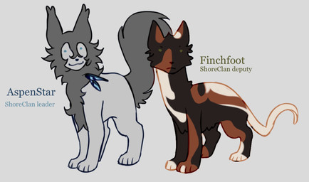 ambiguous_gender black_body black_fur duo feral fur grey_background grey_body grey_fur multicolored_body multicolored_fur orange_body orange_fur simple_background smile text littleperrito warriors_(book_series) aspenstar_(littleperrito) fan_character finchfoot_(littleperrito) domestic_cat felid feline felis mammal english_text hi_res model_sheet