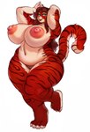 2023 4_toes anthro big_breasts big_nipples black_eyebrows blue_eyes breasts claws curvy_figure eyebrows feet felid female fingers fur hi_res huge_breasts mammal multicolored_body multicolored_fur navel nipple_dip nipples overweight overweight_anthro overweight_female pantherine pawpads pink_nipples pink_nose pink_pawpads red_body red_fur solo stripes tail teeth thick_thighs tiger toes voluptuous vondranart white_claws wide_hips