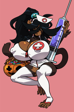 5_fingers 5_toes anthro big_breasts black_hair black_sclera breasts brown_body brown_eyes brown_fur brown_tail candy cleavage clothed clothing dessert feet female fingernails fingers food front_view fur hair hat headgear headwear holding_object holidays huge_breasts humanoid_hands legwear long_tail medical_instrument medical_syringe nails neck_tuft nipple_outline nurse open_mouth pink_background ponytail scientific_instrument simple_background solo stockings syringe tail toenails toes tuft uniform zipper stylusknight halloween lyn_(discoverychannelofficial) haplorhine mammal monkey primate full-length_portrait portrait