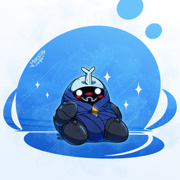 ambiguous_gender black_body blue_clothing closed_smile clothing empty_eyes horn mouth_closed sitting smile solo sparkles white_eyes mordegh hollow_knight_(franchise) team_cherry fan_character arthropod 1:1 2026 absurd_res hi_res signature