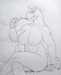 abs anthro breasts crossed_legs drugs female fire marijuana muscular muscular_anthro muscular_female nipples nude sharp_teeth sitting smoking solo teeth perrox dolores_(perrox) abelisaurid carnotaurus dinosaur prehistoric_species reptile scalie theropod 2023 absurd_res hi_res monochrome traditional_media_(artwork)