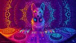 16:9 2019 ambiguous_gender black_eyes canid canine canis colorful_theme copyright_symbol dingo disc_jockey dj_booth feral linux looking_at_viewer mammal psychedelic solo sparkledog sylvia_ritter symbol symmetry ubuntu whiskers widescreen