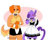 anthro black_sclera blush blush_lines bodily_fluids bow_tie clothed clothing collar collar_tag covering covering_face crescent_moon dress_up duo flustered fur heart_pupils maid_apron maid_headdress maid_uniform male male/male moon moon_collar_tag nervous nervous_sweat orange_body orange_fur partially_clothed purple_body purple_fur sun sweat tail tail_motion tailwag uniform nvmind mob_entertainment poppy_playtime smiling_critters catnap_(poppy_playtime) dogday_(poppy_playtime) canid canine canis critters_(poppy_playtime) domestic_cat domestic_dog felid feline felis mammal artist_name hi_res