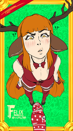 antlers aroused blush bodily_fluids bow_ribbon brown_body brown_fur bulge clothed clothing confusion disembodied_penis dripping duo emanata eyeshadow female fist fur genital_fluids genitals gloves hair handwear hime_cut holidays hooves horn light_body light_skin long_hair looking_down makeup male orange_eyes orange_hair penis precum precum_drip question_mark shaking solo_focus standing sweat sweatdrop text trembling wrapping_paper wrappings fakeryway christmas felix_agalith animal_humanoid deer deer_humanoid faun humanoid mammal mammal_humanoid 9:16 hi_res