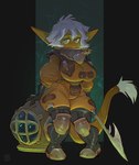 blue_eyes boots breasts clothed clothing diving_helmet diving_suit female footwear green_body green_skin grey_hair hair harpoon melee_weapon not_furry polearm shoes short_stack solo spear tail weapon wide_hips foretbwat goblin humanoid 2023 hi_res