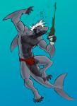 anonomega anthro beverage bulge clothed clothing coffee male simple_background skimpy solo speedo swimwear topless transformation underwater water amonomega fish marine shark