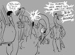 abdominal_bulge anthro clothed clothing doctor duo fetal hammock head_mirror headgear headwear hyper hyper_pregnancy immobile interspecies interspecies_pregnancy male medical_examination medical_instrument movement pantsless pregnant pregnant_male resting_on_belly restraints scientific_instrument seedbed shanghaied size_difference suspension text yelling dirtyhorror avian bird human mammal stork english_text monochrome