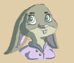 anthro black_eyebrows breasts buckteeth clothing ears_down eyebrows eyelashes female fur green_eyes grey_body grey_fur pink_nose pivoted_ears purple_clothing purple_sweater purple_topwear smile solo sweater teeth topwear zipper jubb disney zootopia judy_hopps lagomorph leporid mammal rabbit 2018 bust_portrait portrait signature