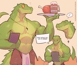 anthro bottomwear chicken_meat clothing container cup food green_body green_scales jewelry male meat mug muscular muscular_anthro muscular_male necklace roast_chicken scales shirtless_anthro shirtless_male shorts solo waiter writing_text wolfanine tavern_of_spear witer crocodile crocodilian reptile scalie 2025 hi_res