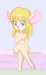 anthro bed blonde_hair blue_eyes breasts covering covering_breasts covering_crotch covering_self crossed_legs embarrassed female furniture hair looking_at_viewer nude on_bed shy sitting sitting_on_bed solo itsjustflesh chip_'n_dale_rescue_rangers disney gadget_hackwrench mammal mouse murid murine rodent 2022