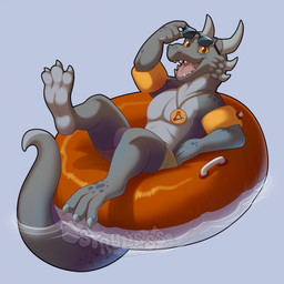 3_toes 6_horns anthro biped bottomwear brown_eyes claws clothed clothing curved_horn curved_tail eyewear eyewear_on_head feet grey_body grey_skin horn inflatable inflatable_armbands inner_tube jewelry looking_at_viewer lying male male_anthro monotone_background mostly_nude_anthro multi_horn open_mouth orange_sclera pendant pool_float sharp_teeth shorts simple_background smooth_horn solo sunglasses sunglasses_on_head tail teeth toe_claws toes tongue topless water wearing_sunglasses syrupsss techo_(koboldly-go) kobold scalie 1:1 2024 digital_media_(artwork) hi_res shaded watermark