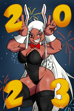 biceps big_breasts black_clothing black_legwear black_leotard black_thigh_highs bow_tie breasts brown_body brown_skin bunny_costume cleavage clothed clothed_female clothed_humanoid clothing costume cotton_tail dark_body dark_skin eyebrows eyelashes female female_humanoid fireworks gesture grin grinning_at_viewer hair hand_gesture holidays legwear leotard long_hair muscular muscular_female muscular_humanoid on_one_leg pink_inner_ear pupils raised_arms red_bow_tie red_eyes shirt_collar shirt_cuffs short_tail smile smiling_at_viewer solo standing strapless_clothing strapless_leotard tail teeth thick_thighs thigh_highs white_ears white_eyebrows white_hair white_tail tomaruchi my_hero_academia new_year new_year_2023 rumi_usagiyama animal_humanoid humanoid lagomorph lagomorph_humanoid leporid_humanoid mammal mammal_humanoid rabbit_humanoid 2023 absurd_res dated hi_res signature