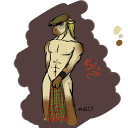 3_fingers abs anthro blonde_hair bottomwear brown_body brown_fur clothing collarbone color_swatch covering covering_crotch covering_self facial_markings fingers flat_cap front_view fur gloves_(marking) hair hat head_markings headgear headwear holding_clothing holding_object kilt leg_markings male markings mostly_nude muzzle_(marking) nipples pattern_clothing plaid plaid_clothing scottish smile snout snout_markings socks_(marking) solo tan_body tan_fur tartan_bottomwear tartan_headwear windowpane_plaid muq equid equine horse mammal 1:1 absurd_res colored_sketch hi_res sketch