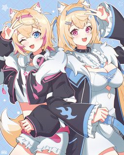 accessory blonde_hair blue_eyes blue_hair bottomwear breasts cleavage clothed clothing denim denim_bottomwear denim_clothing denim_shorts dress duo electronics eyelashes female frilly frilly_clothing gesture hair hair_accessory hairband hand_gesture headphones jacket pink_eyes pink_hair shirt short_hair shorts smile smiling_at_viewer tail topwear v_sign mikeemyk1 hololive hololive_en vtuber fuwawa_abyssgard mococo_abyssgard animal_humanoid canid canid_humanoid canine canine_humanoid canis dog_humanoid domestic_dog humanoid mammal mammal_humanoid absurd_res hi_res sibling_(lore) sister_(lore) sisters_(lore)