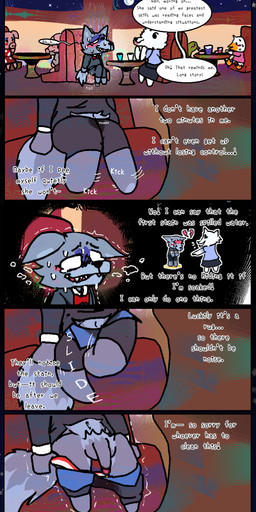 anthro blush bodily_fluids clothing embarrassed female genital_fluids genitals humiliation male male/female omorashi peeing penis public restaurant tail tail_motion tailwag tears text urine urine_stream watersports wetting peemenant incontinent_wolf_(peemenant) canid canine canis fox mammal wolf 2025 absurd_res censored colored comic digital_drawing_(artwork) digital_media_(artwork) english_text hi_res long_image tall_image