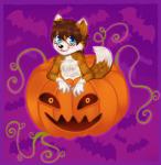 anthro blush food fruit holidays looking_at_viewer male plant pumpkin solo chofana halloween luvini canid canine fox mammal hi_res