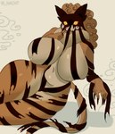 anthro big_breasts black_eyes breasts brown_body brown_claws brown_fur brown_stripes claws female fur hand_on_chest huge_breasts looking_at_viewer lying navel obscured_face on_side orange_body orange_fur sharp_teeth simple_background slightly_chubby solo stripes tan_background tan_body tan_fur teeth thick_thighs wide_hips yellow_sclera winter_nacht dream_tiger_(govy9807) felid mammal monster pantherine tiger hi_res