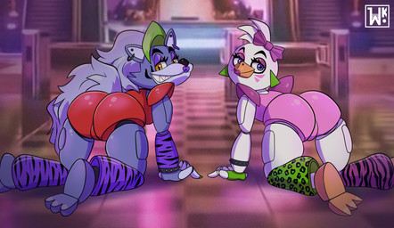 animal_print anthro butt clothing duo female female/female grey_body leg_warmers legwear leopard_print leopard_print_legwear machine presenting presenting_hindquarters tail tiger_print_leg_warmers white_body wkrobinsson five_nights_at_freddy's five_nights_at_freddy's:_security_breach scottgames steel_wool_studios glamrock_chica roxanne_wolf avian bird canid canine canis mammal robot wolf absurd_res hi_res