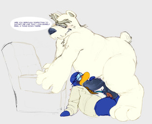 anthro balls belly big_penis blue_body blush bodily_fluids clenched_teeth clothing coat darkened_genitalia darkened_penis disappointed duo eyebrows eyewear facial_hair fellatio foreskin genitals glasses grey_background holding_penis lab_coat leaning leaning_forward leaning_on_chair looking_pleasured male male/male mustache necktie oral overweight overweight_male penile penis penis_size_difference round_glasses saliva saliva_on_penis sex simple_background sitting sitting_on_ground size_difference standing sweat sweatdrop tapering_penis teeth text thick_eyebrows tight_fit topwear white_belly white_body duckbrained club_penguin gary_the_gadget_guy herbert_p._bear avian bear bird mammal penguin polar_bear ursine colored english_text hi_res