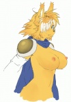 anthro big_breasts bodily_fluids breasts cape clothing fangs female fur hair hair_over_eye kemono looking_at_viewer nipple_dip nipples nude one_eye_obstructed orange_body orange_fur pose scarf simple_background solo sweat teeth white_background sindoll sega shining_(sega) shining_force alef_(shining) canid canine canis domestic_dog fox mammal wolf colored hi_res